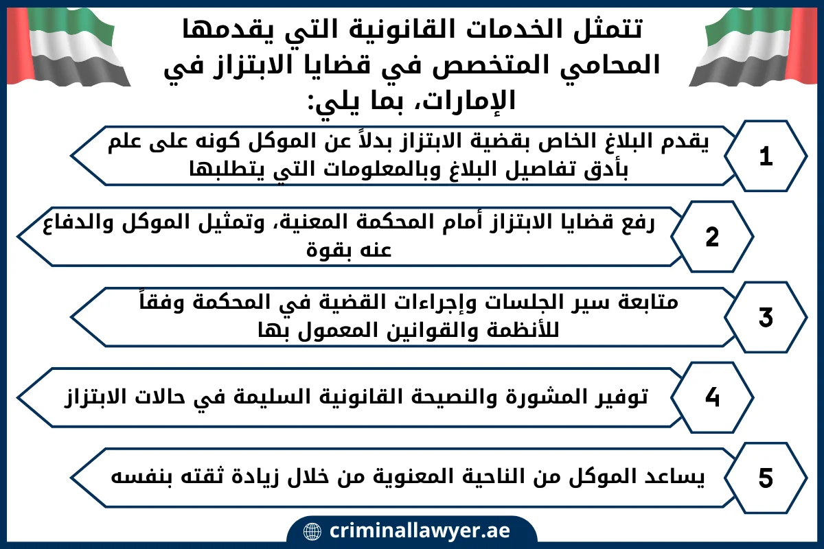 تتمثل الخدمات القانونية التي يقدمها المحامي المتخصص في قضايا الابتزاز في الإمارات