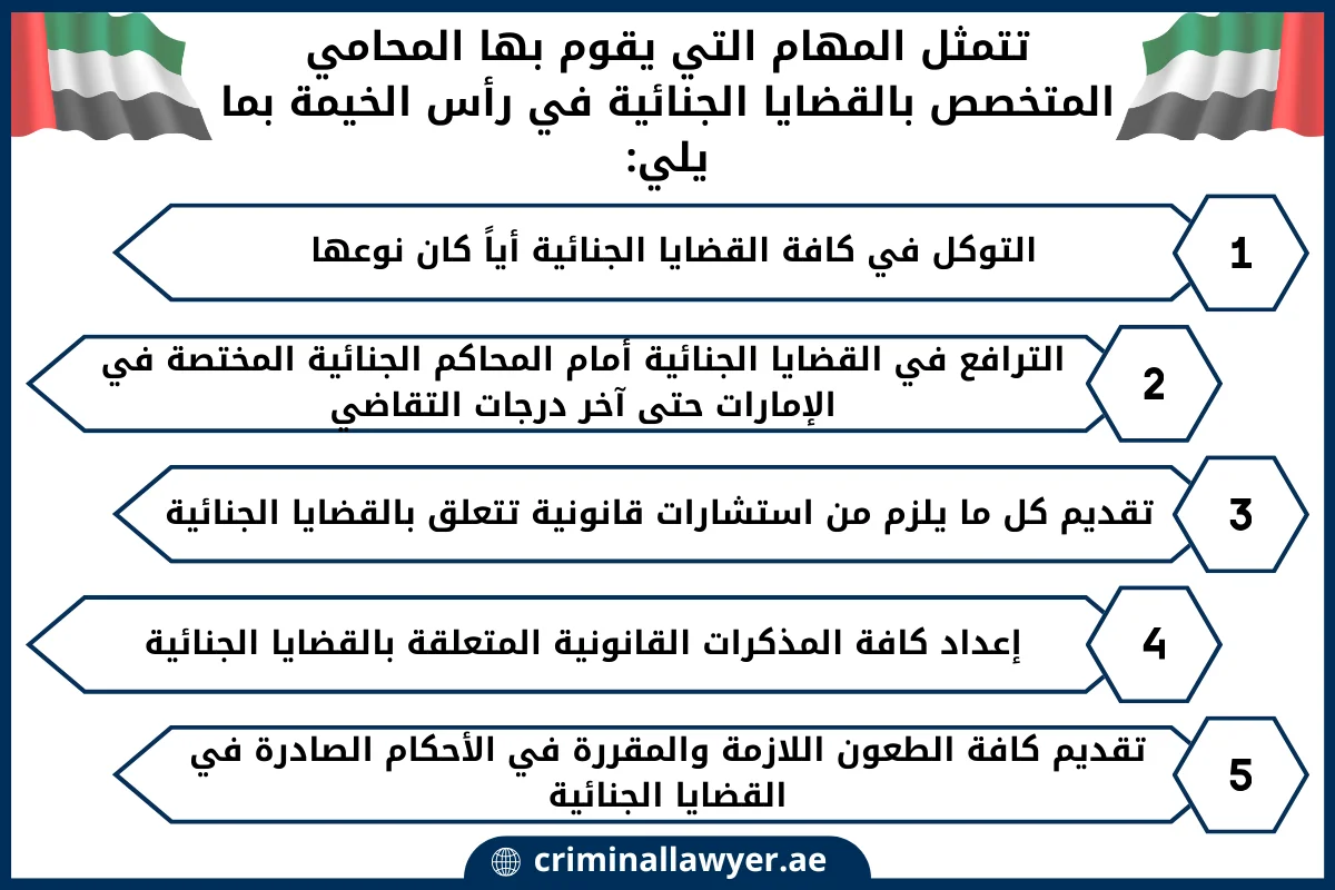 تتمثل المهام التي يقوم بها المحامي المتخصص بالقضايا الجنائية في رأس الخيمة